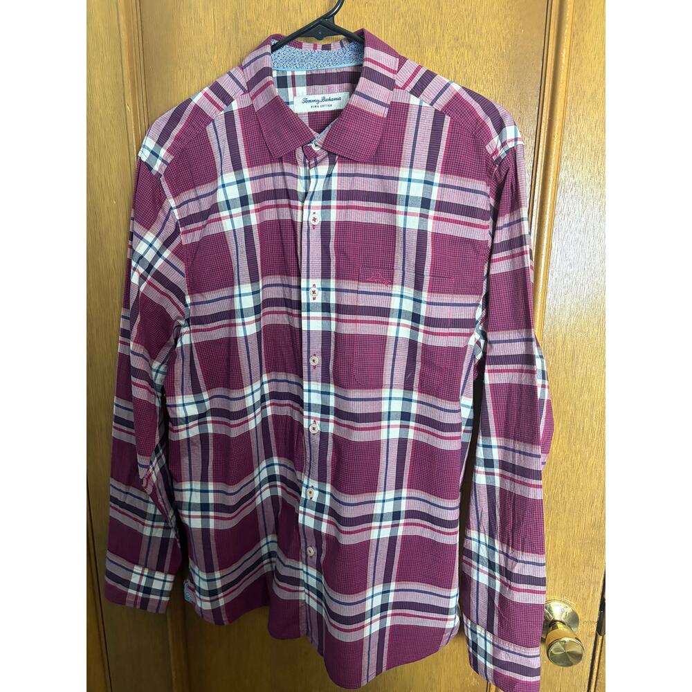 Tommy Bahama Pima Cotton Plaid Button Front Shirt Men's Medium Pink Blue Long